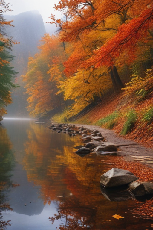 Serene Autumn Landscape Reflecting Vibrant Colors by a Tranquil River