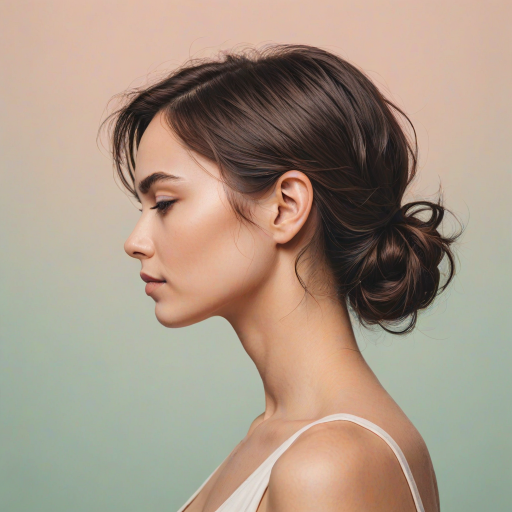 Create a minimalist line art illustration of a woman in profile against a solid pastel background, using a Canon EOS R5 with a 50mm f/1.2 lens, aperture set to f/2.8, ISO 100, and a soft focus effect for smooth skin tones and gentle color gradients.
