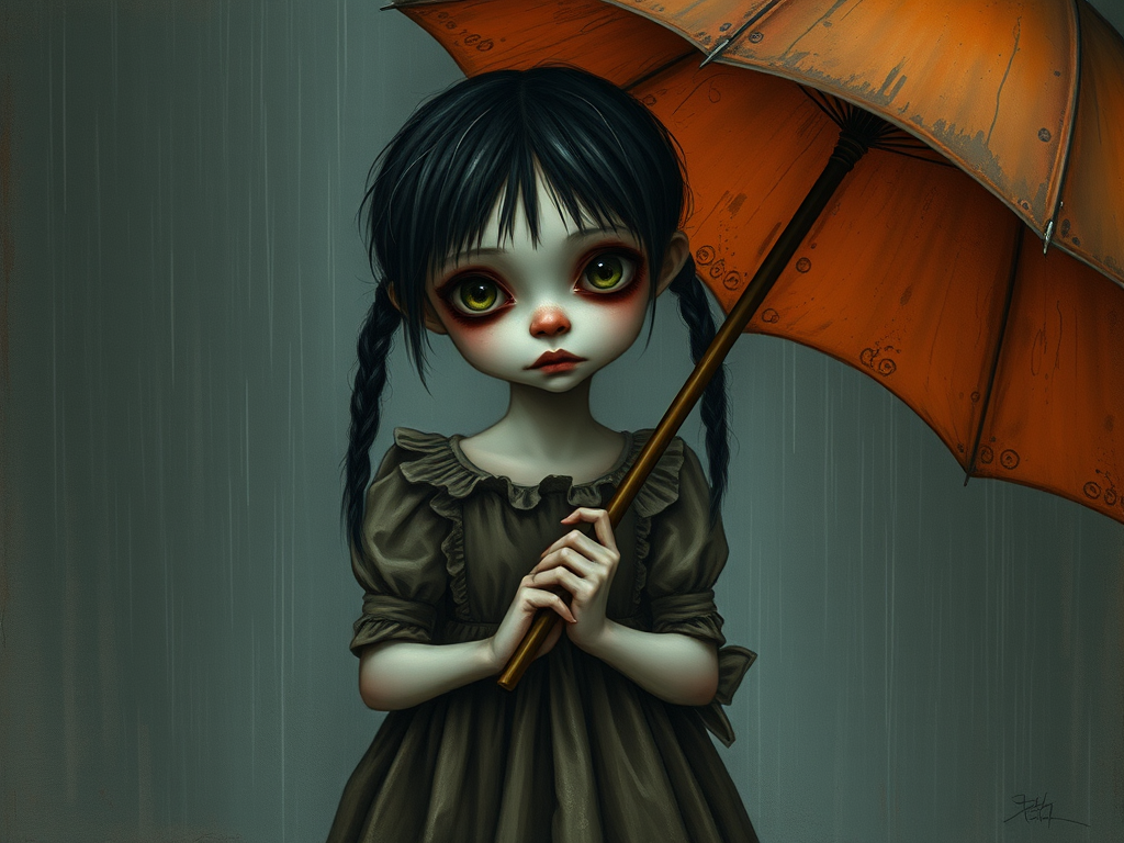 An eerie, weird little girl with dark hair in thin pigtails, wearing a smock dress, standing in the rain, holding a dirty orange umbrella, a small, odd creature beside her. In a surreal style inspired by Nicoletta Ceccoli and Brian Froud. Dark fantasy themes
