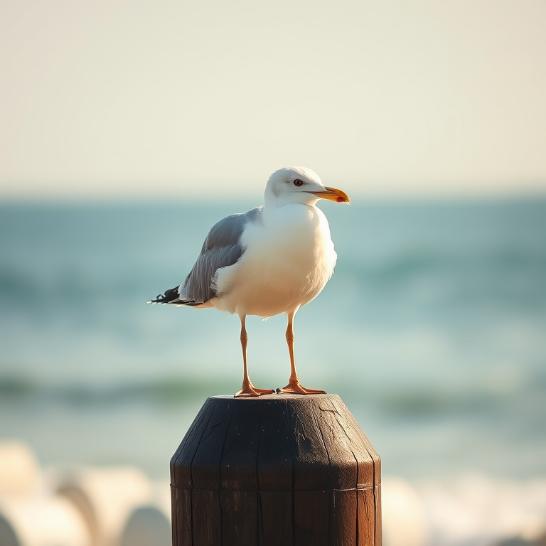 seagull perched on a post by the ocean, soft focus background, natural lighting, f/4 aperture, 1/200 sec shutter speed, 100 ISO, shallow depth of field, DSLR camera, telephoto lens