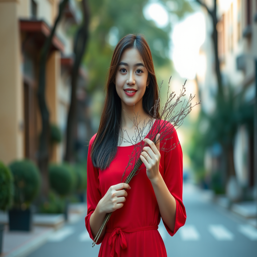 portrait of a young woman wearing a red dress standing on a street holding branches, soft natural lighting, depth of field for blurred background, camera settings: ISO 100, aperture f/2.8, shutter speed 1/200s, camera view: eye level, camera style: candid, camera type: DSLR