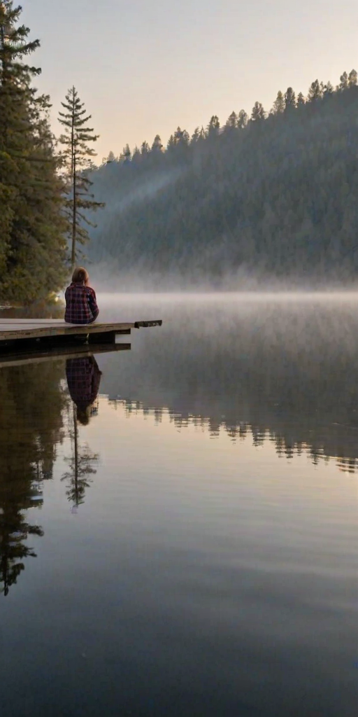 Quiet lakeside dock at dawn, the water still and glassy, a woman in a flannel shirt sits at the edge, her feet dangling just above the surface as she watches the fog roll in.