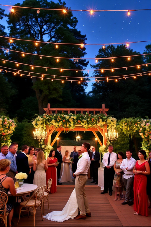 Charming outdoor wedding venue, decorated with flowers and twinkling lights, guests mingling, and a couple sharing a dance under the stars.