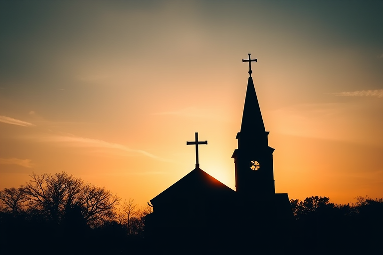 Create a high-resolution image of a church silhouette with a cross, using a DSLR camera, 50mm lens, f/1.8 aperture, ISO 100, and a shallow depth of field for a soft background effect.