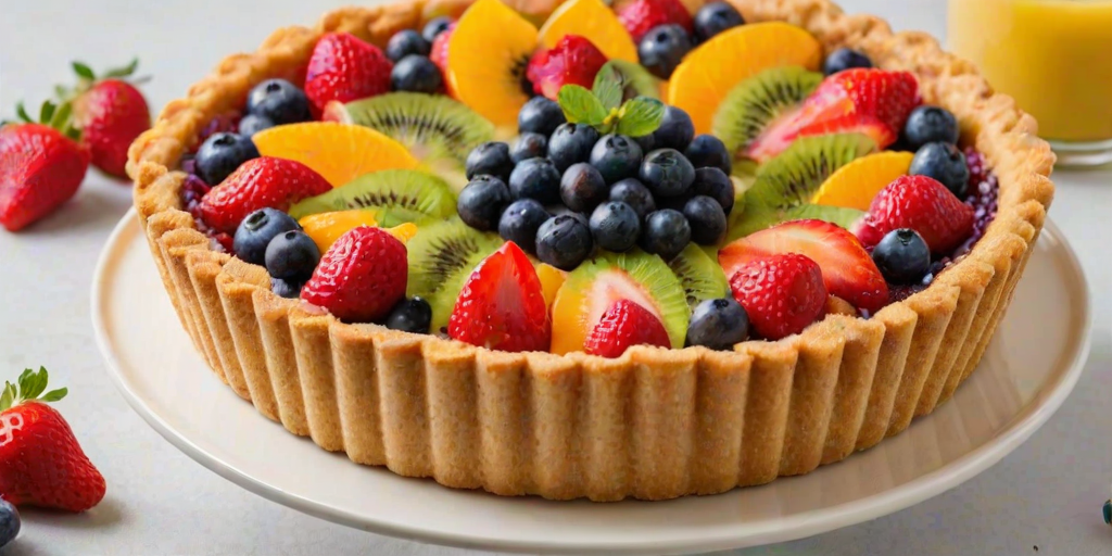 Create a vibrant fruit tart with a golden crust, topped with a colorful arrangement of fresh strawberries, blueberries, raspberries, kiwi slices, and orange segments, displayed on a white cake stand. The tart should have a glossy finish and be set against a light background.