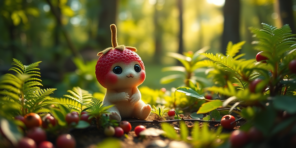 Create a whimsical scene of a cute creature resembling a berry sitting in a lush, green forest, surrounded by vibrant ferns and other berries, with soft sunlight filtering through the trees, captured with a Canon EOS R5 at f/1.8, ISO 100, 85mm lens to enhance depth of field and sharpness.
