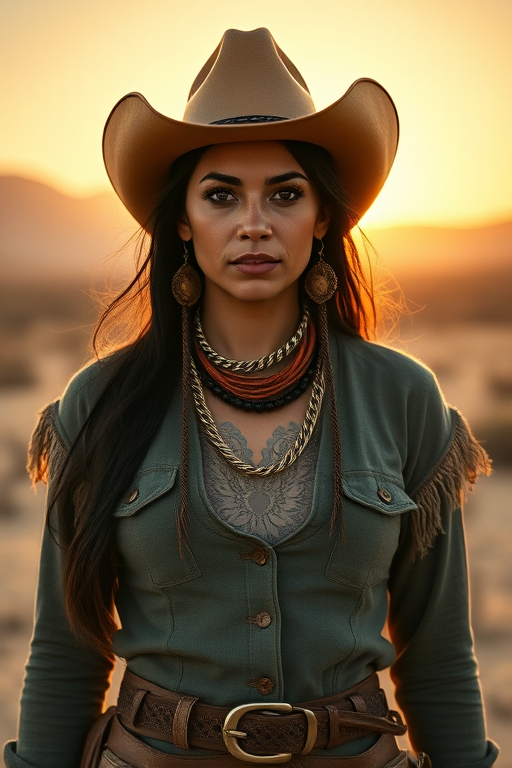 Dramatic photo of a beautiful Maori woman, classic cowboy attire, confident and free spirit expression, half-length portrait, centered, golden hour desert landscape, warm, diffused light, low angle, medium format film camera, in style of Annie Leibovitz.