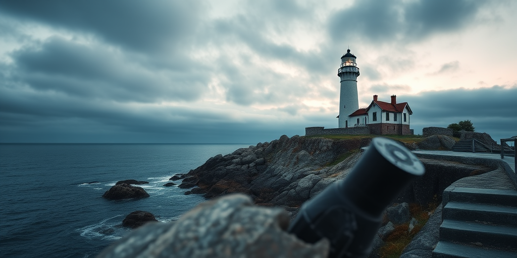 photograph a coastal lighthouse on a rocky island during a cloudy day captured with a Canon EOS R5, 24-70mm lens at f/8, ISO 200, shutter speed 1/200 sec, in landscape orientation with a soft focus on the foreground and a dramatic sky for enhanced contrast