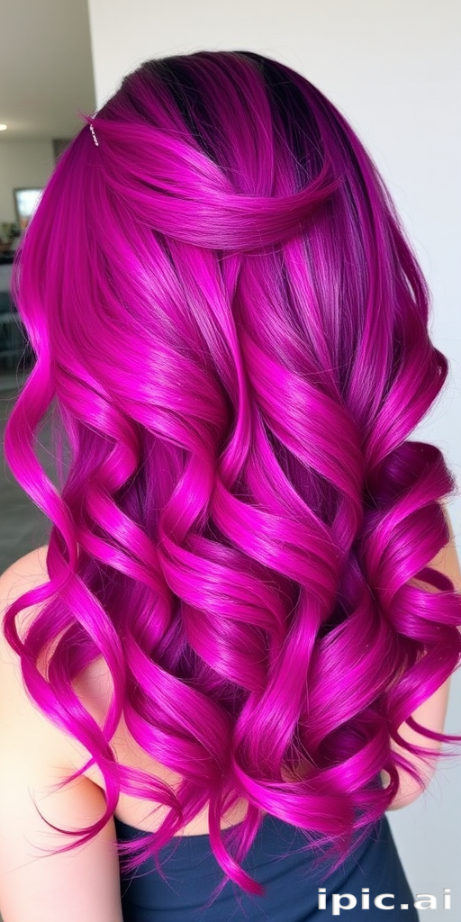 Bold magenta to purple ombré titled "Cosmic Fusion" styled in voluminous curls with a side-swept part and shimmering glitter accents throughout