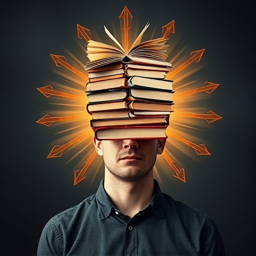 Create an image of a person with a stack of open books for a head, surrounded by a burst of light and arrows, using a DSLR camera at f/2.8 aperture, ISO 100, 50mm lens, positioned at eye level, with soft focus background and vivid colors for enhanced quality.