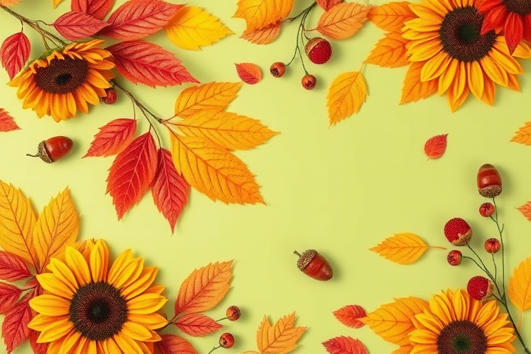 Generate a vibrant floral pattern featuring autumn leaves, sunflowers, acorns, and berries on a soft green background, captured with a 50mm lens at f/2.8, 1/100 sec shutter speed, ISO 200, in a top-down perspective using a DSLR camera.