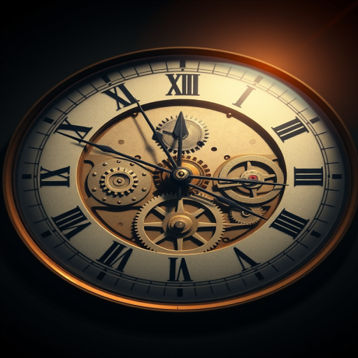 highly detailed illustration of a clock face with visible gears and clock hands, realistic lighting and shadows, 50mm lens, f/2.8 aperture, ISO 100, soft focus background, DSLR camera, top-down view