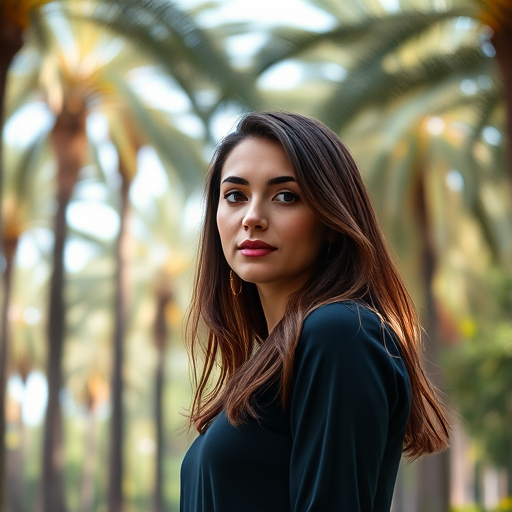 portrait of a woman standing in a park surrounded by palm trees, soft natural lighting, shallow depth of field, f/2.8, 50mm lens, ISO 100, shot on a DSLR camera