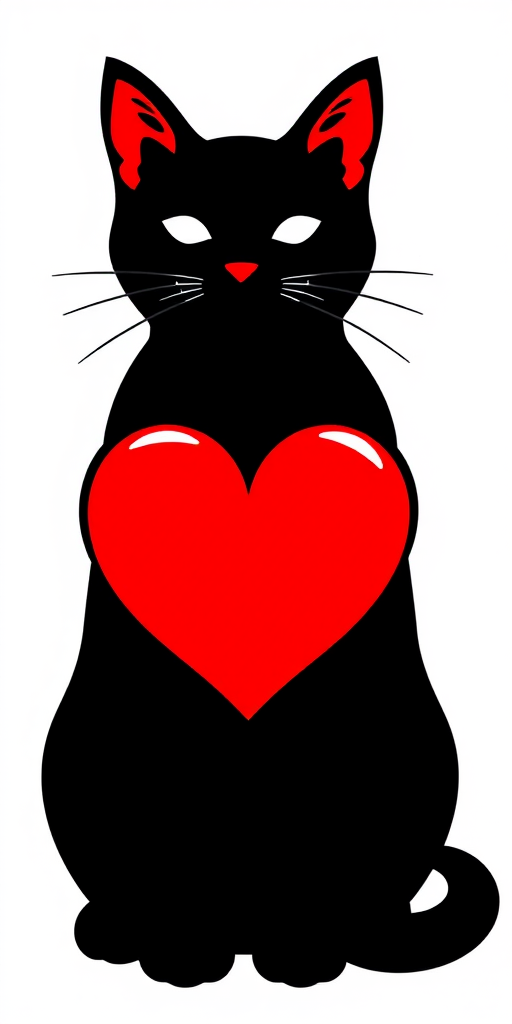 Create a digital illustration of a stylized cat outlined in black, with a heart shape in vibrant red overlaying its body, using a 50mm lens, f/2.8 aperture, soft focus background, shot in high resolution with a digital SLR camera to enhance image quality.