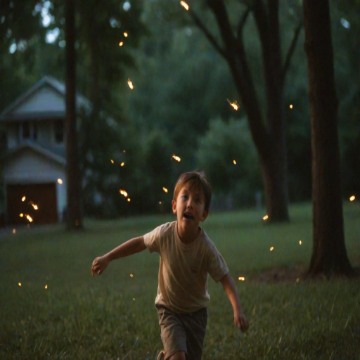 Blurry, candid photo of a child chasing fireflies in a backyard at dusk, soft glow from the bugs illuminating their face, distant trees silhouetted against the sky, and the sound of distant crickets filling the air.