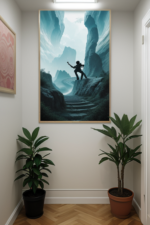 A Serene Art Piece Depicting a Figure in a Majestic Landscape