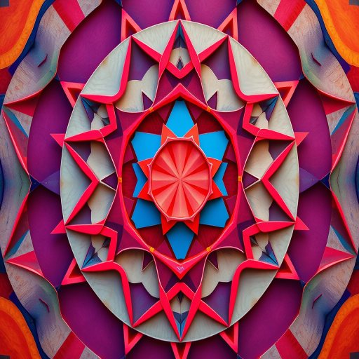 Generate a high-resolution image of a stylized abstract design featuring interlocking geometric shapes with a vibrant color palette, taken with a DSLR camera at f/8 aperture, ISO 100, 1/125 sec shutter speed, in a top-down view and using a wide-angle lens.