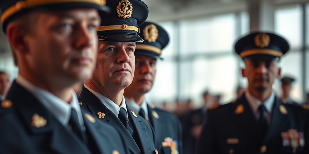 Create a high-resolution image of military officers in formal attire, capturing them in a well-lit environment with depth of field, use a DSLR camera at f/2.8, 50mm lens, ISO 100, 1/200s shutter speed, with a slight vignette effect for focus enhancement.