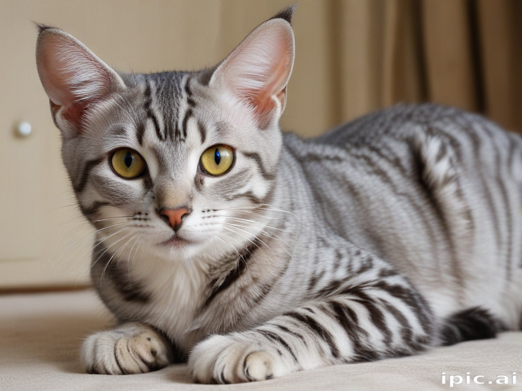 A Beautiful Silver Tabby Cat Relaxing Comfortably on a Soft Surface.