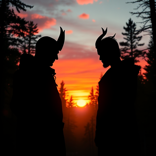 generate a digital artwork of a sunset silhouette scene featuring two figures standing face to face, one with devil-like features, set in a dense forest with mist, vibrant colors in the sky, using a Canon EOS R5, 35mm lens, f/2.8, ISO 100, at dusk for enhanced depth and clarity