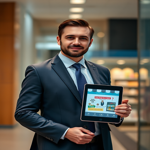 Generate an image of a businessman in a suit standing beside a digital tablet with a storefront design, using a DSLR camera with a 50mm lens, f/1.8 aperture, 1/200 sec shutter speed, ISO 100, in a balanced lighting setup with a soft background blur.