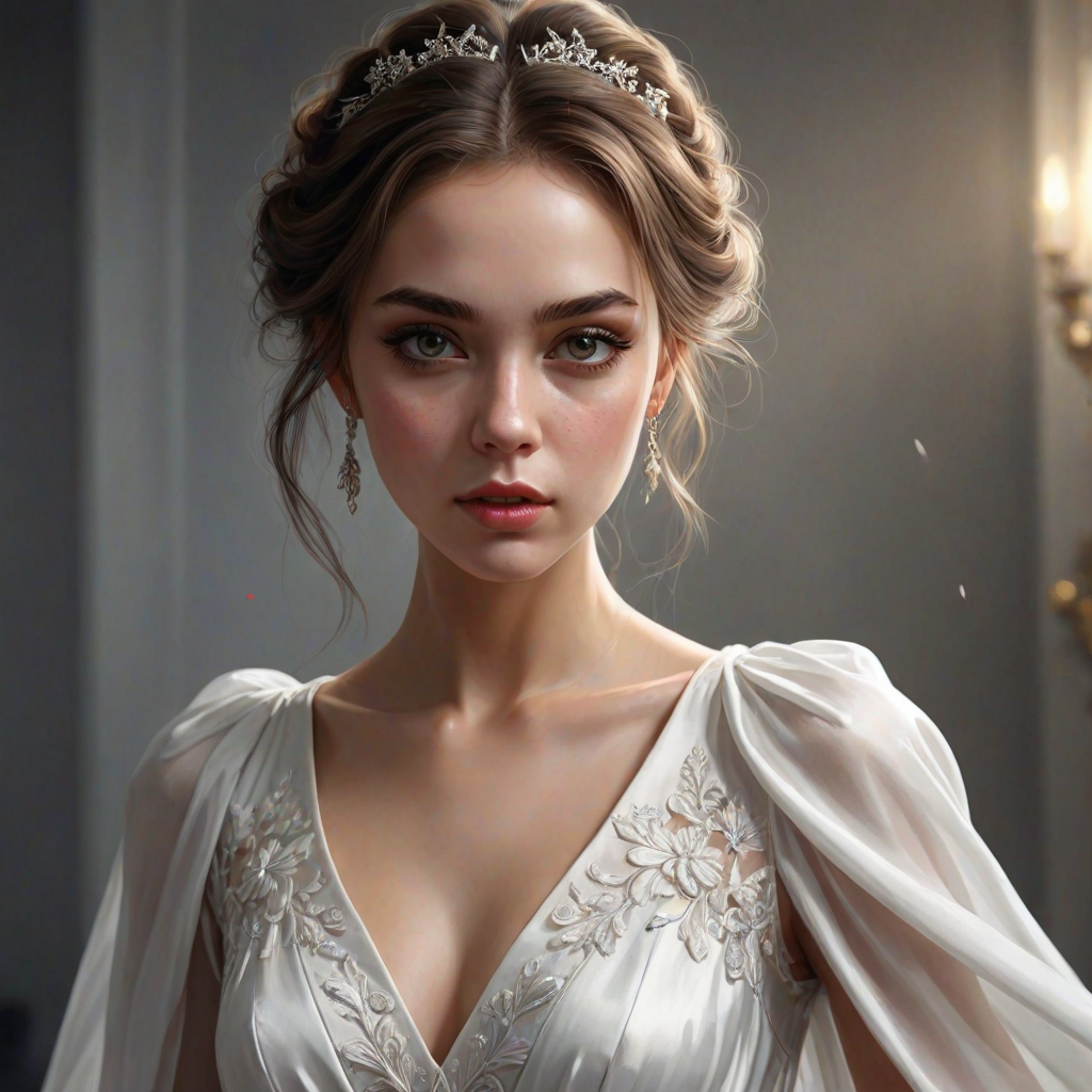 digital painting,  digital illustration,  stunning girl, make up , white silk dress extreme detail,  digital art,  4k,  ultra hd