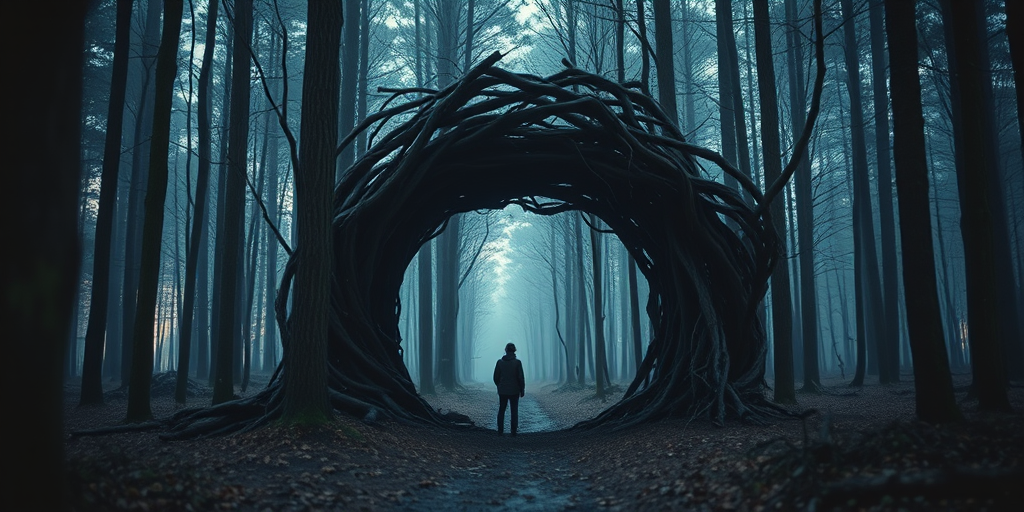 a mysterious forest scene featuring a dark circular portal made of twisted branches and glowing light at the end, person standing at the entrance, captured with a Canon EOS 5D Mark IV, 24mm lens, f/2.8, ISO 400, 1/60s, soft focus background and warm lighting for enhanced atmosphere