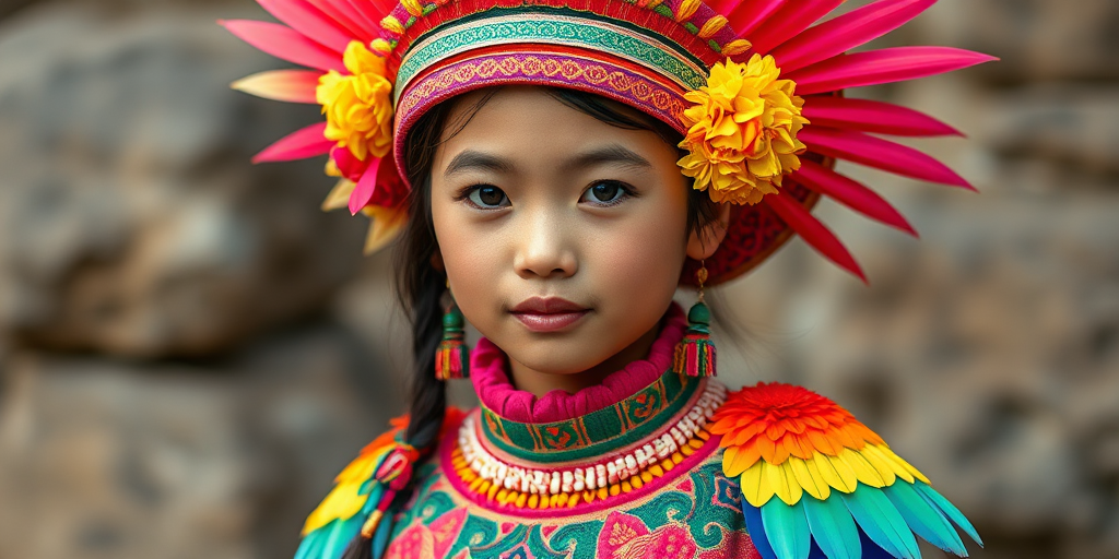 A beautiful Lao girl, wearing colorful bird clothing with vibrant colors