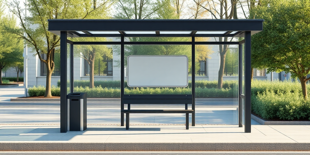 Create a highly detailed 3D rendering of a modern bus stop shelter with a bench and trash can, using a wide-angle lens with a focal length of 24mm, aperture set to f/8 for a sharp depth of field, ISO 100 for low noise, and soft natural lighting to enhance shadows and highlights.