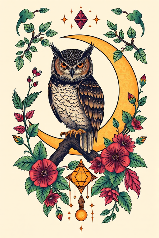 Neo-traditional tattoo design titled "Enchanted Forest Guardian" showcasing a mystical owl perched on a crescent moon surrounded by lush foliage and magical symbols in jewel tones
