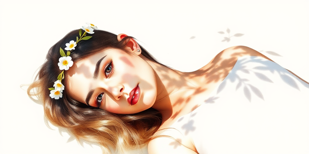 create a watercolor painting of an ethereal portrait of beautiful Kurdish woman with a simple white flower crown on her head. Her hair is long and she is lying on the ground. The sunlight on the trees casts shadows from the leaves on her face and body. The background is a neutral brown color that matches her skin tone. The image is minimalist and solid colors. This style is characterized by soft, delicate brushstrokes and a light, airy, contrasting color palette. High level of detail and play of light