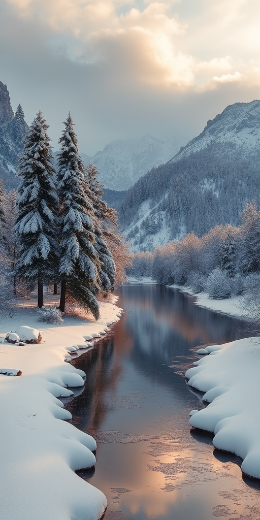Create a serene winter landscape with snow-covered trees, a calm river reflecting the snow and mountains in the background, soft golden sunlight filtering through, captured with a DSLR camera at f/11, 1/125 sec, ISO 100, wide-angle lens, natural lighting for enhanced detail and color vibrancy.