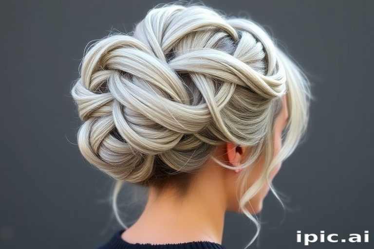Elegant silver fox updo known as "Mercury Twist" showcasing a sophisticated blend of platinum and gray tones, styled into an intricate knotted bun with loose tendrils