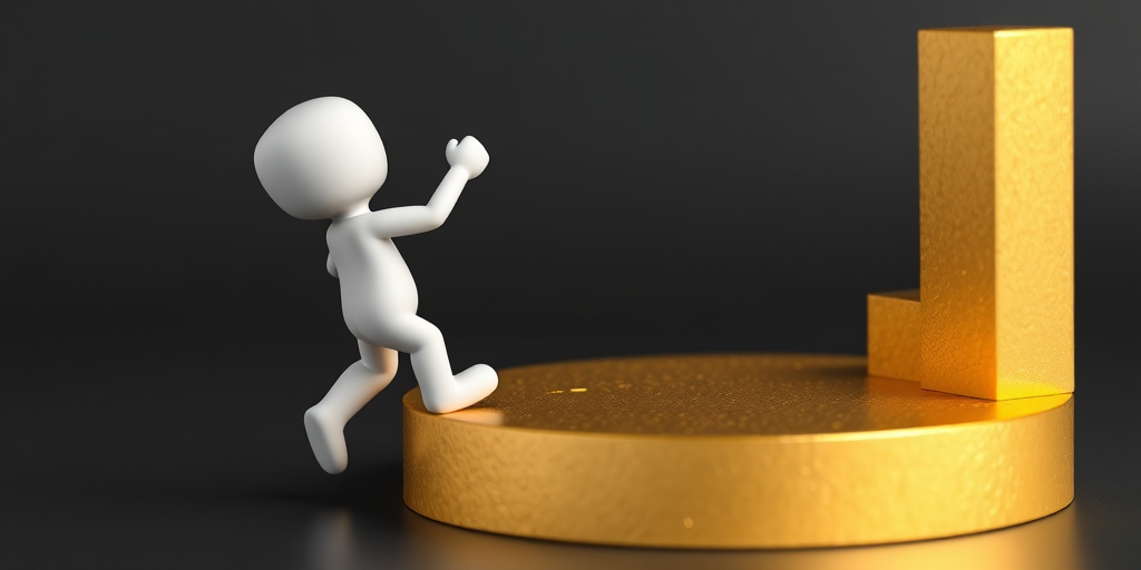 Create a 3D illustration of a small, white humanoid figure lifting a large gold pie chart with a shiny, textured surface, shot in a soft focus with a Canon EOS 5D Mark IV, 50mm lens, f/2.8 aperture, ISO 100, and a neutral lighting setup to enhance the overall image quality.