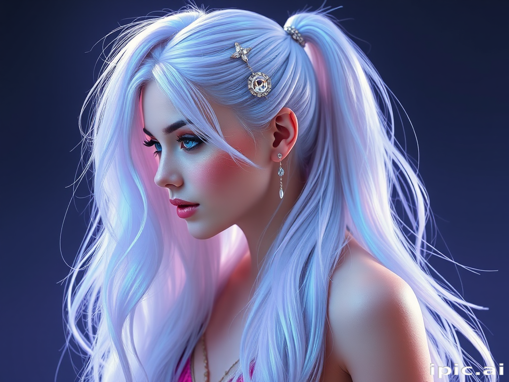 Mystical portrait reveals Moonstone Shimmer long hair, pearlescent white base with iridescent blue and purple undertones, styled in a sleek high ponytail with crystal-embellished accessories