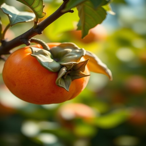 high-resolution close-up of a persimmon on a branch with a blurred background, natural lighting, f/2.8 aperture, ISO 100, 50mm lens, shallow depth of field, DSLR camera