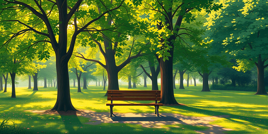 create a serene park scene with lush green trees surrounding a wooden bench, captured with a DSLR camera at f/2.8 aperture, ISO 100, 50mm lens, sunlight filtering through the leaves, in a vibrant and colorful digital illustration style