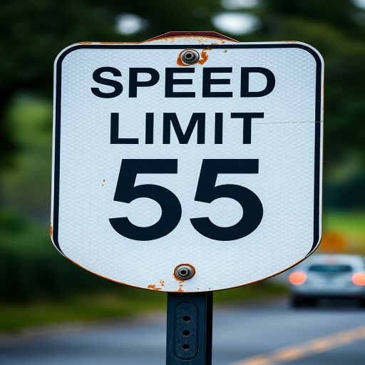 Create a high-resolution image of a speed limit sign showing "SPEED LIMIT 55" using a DSLR camera with a 50mm lens, aperture set to f/2.8, ISO 100, shutter speed 1/200s, taken from a 45-degree angle for depth and clarity against a blurred background.