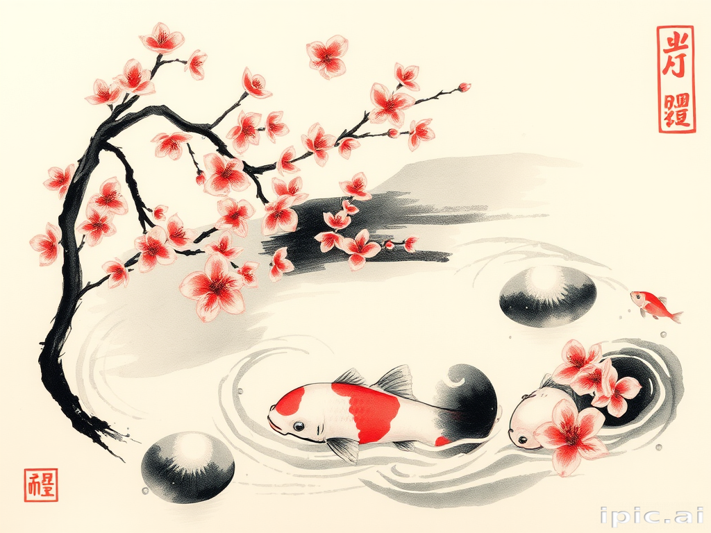 Japanese-inspired brush stroke tattoo depicting a serene koi pond with cherry blossoms, combining traditional sumi-e techniques with modern abstract elements for a unique fusion style