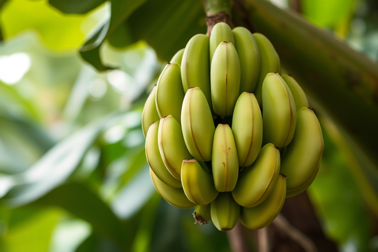 Photograph a bunch of green bananas hanging in lush foliage, using a DSLR camera with a 50mm lens, aperture f/2.8, ISO 200, shutter speed 1/100 sec, in natural light with a shallow depth of field for crisp detail on the bananas and soft background blur.