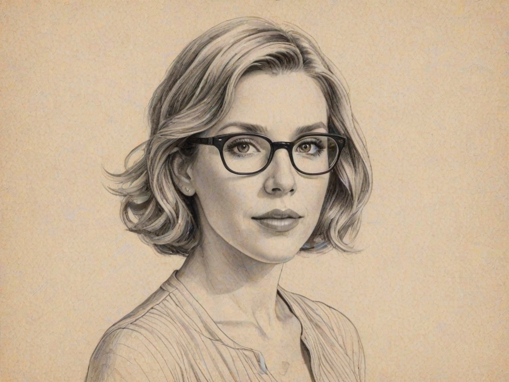 Exquisite June Diane Raphael, pencil sketch, portrait of Radiant woman 1923s in glasses, hair style beatnik, outline, clear lines, fine lines, 8k