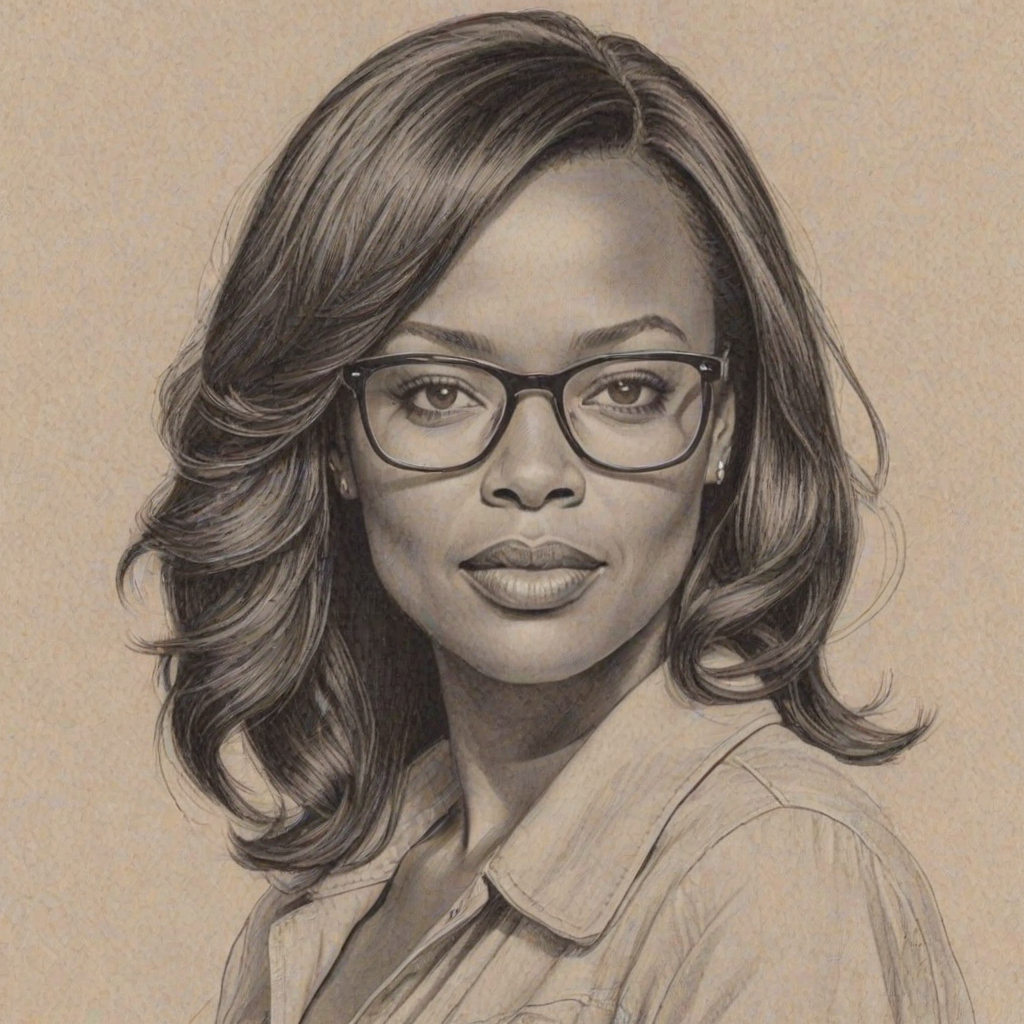 Magnificent Aisha Tyler, pencil sketch, portrait of Superb woman 1961s in glasses, hair style beatnik, outline, clear lines, fine lines, 8k