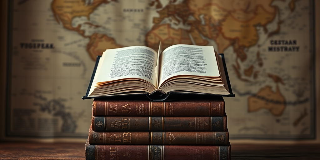 Create a vintage library scene with an open book floating above a stack of antique books, set against a textured map background, using a Canon EOS 5D Mark IV, 50mm lens, f/1.8 aperture, ISO 100, 1/200 sec shutter speed, soft lighting, and a shallow depth of field for enhanced focus on the books.