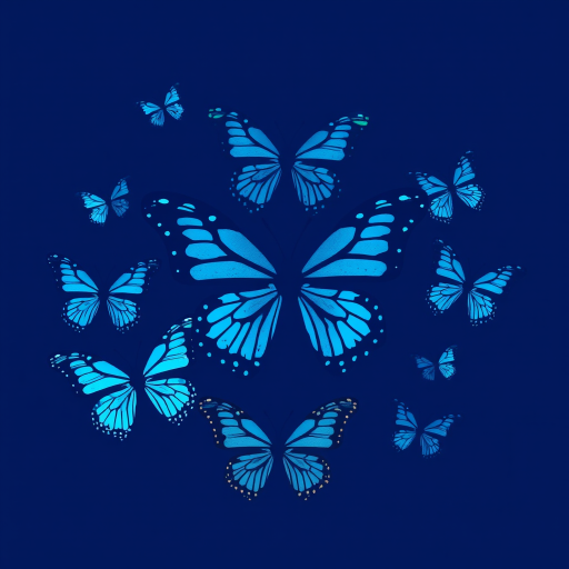 Generate an illustration of various butterfly silhouettes with intricate patterns in shades of blue against a deep blue background, captured with a 50mm lens at f/2.8, focusing on high detail and vibrant color contrast, using a DSLR camera for enhanced clarity and depth.