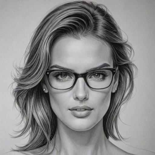 Ravishing Alessandra Ambrosio, pencil sketch, portrait of Gorgeous woman 1946s in glasses, hair style beatnik, outline, clear lines, fine lines, 8k