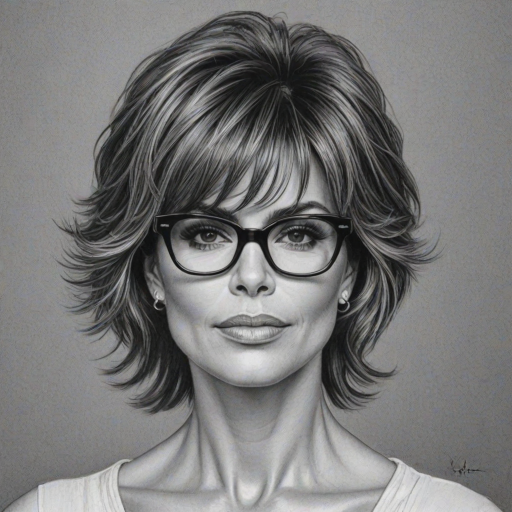 Stunning Lisa Rinna, pencil sketch, portrait of Fascinating woman 1969s in glasses, hair style beatnik, outline, clear lines, fine lines, 8k