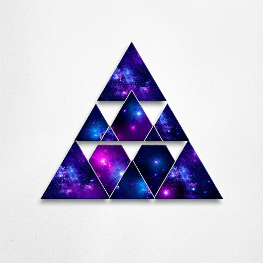 Create an abstract design of a large triangle composed of smaller triangles, each filled with a cosmic galaxy texture in shades of purple and blue, set against a textured light gray background, captured with a DSLR camera at f/8, ISO 100, with a macro lens for detail.