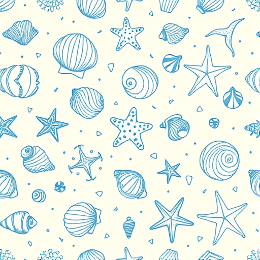 Create a seamless pattern featuring various types of seashells and starfish in blue line art on a light beige background. Include detailed illustrations of different shell shapes and sizes along with scattered small marine elements like pebbles and tiny fish. The design should have a coastal and nautical theme, evoking a beachy atmosphere.