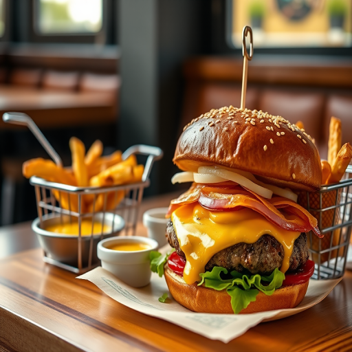 Capture a high-resolution image of a gourmet cheeseburger with sesame seed bun, crispy fries in a metal basket, and a small white bowl of yellow sauce, using a Canon EOS R5 camera with a 50mm f/1.8 lens, aperture set to f/2.8, ISO 100, and natural light from a nearby window for a warm, inviting atmosphere.