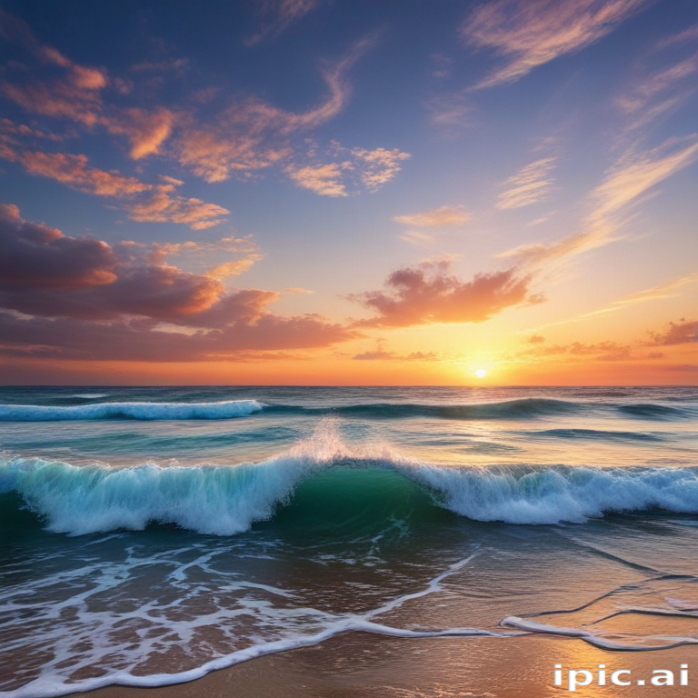 Vibrant Sunset Over the Ocean with Waves Gently Crashing Ashore